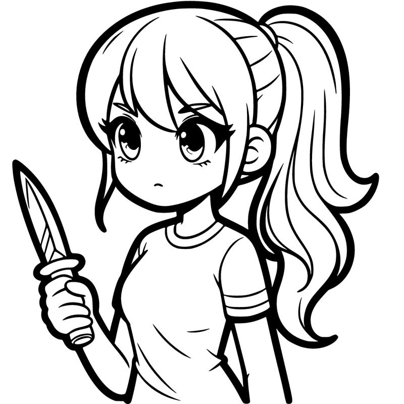 'a girl her hair in a ponytail shes wearing a t-shirt and shes holding a dagger