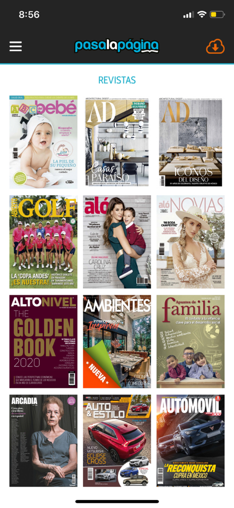 PasaLaPagina app interface showing a grid of Spanish language magazine covers like AD and Alo