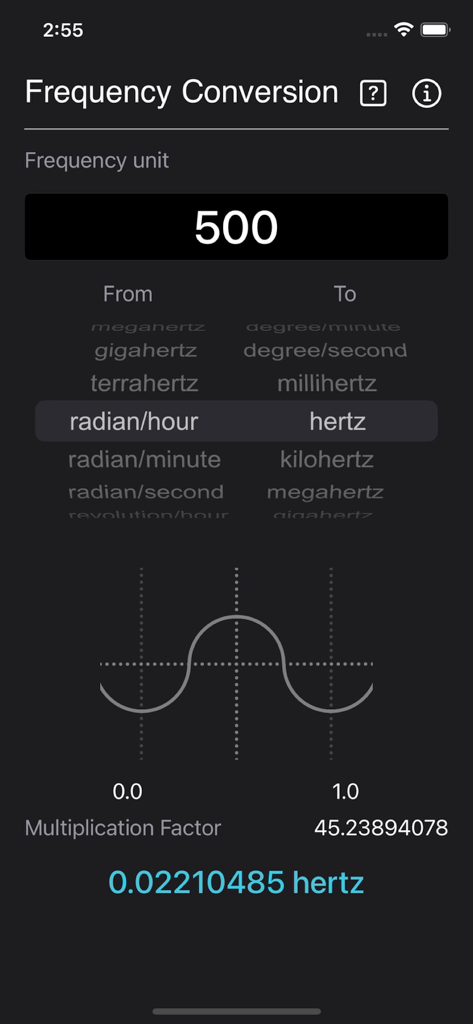 Interfaz de la aplicación Conversión de Frecuencia mostrando una conversión de unidad de radián por hora a hertz.