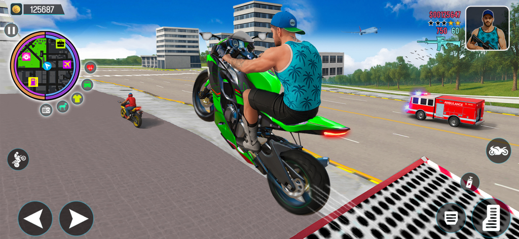 Gangster Game City Crime Sim - Un personaje haciendo un caballito en moto en una calle de la ciudad en Gangster Game City Crime Sim