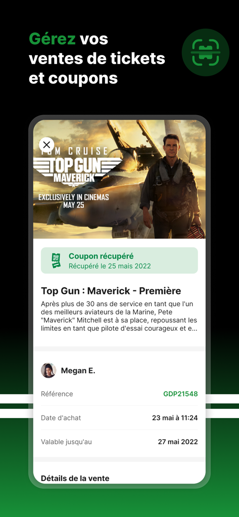 Gozem Marchand - Gozem Marchand app interface for managing ticket and coupon sales showing a movie ticket redemption