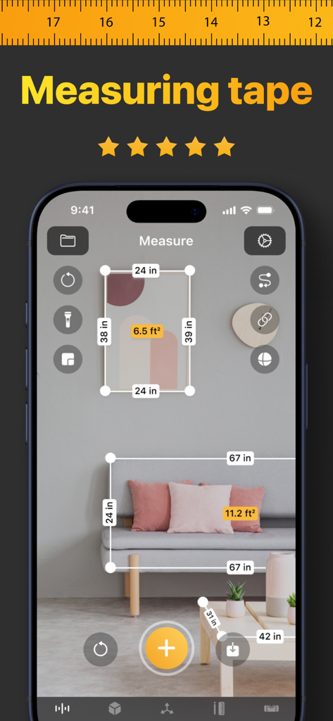 iPhone app showing augmented reality measurements of furniture and wall art