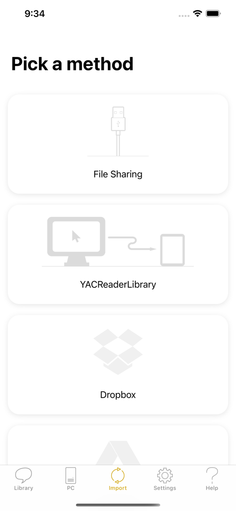 YACReader - Comic Reader - Interfaccia dell'app YACReader che mostra i metodi di importazione dei fumetti, inclusa la condivisione di file e servizi cloud come Dropbox