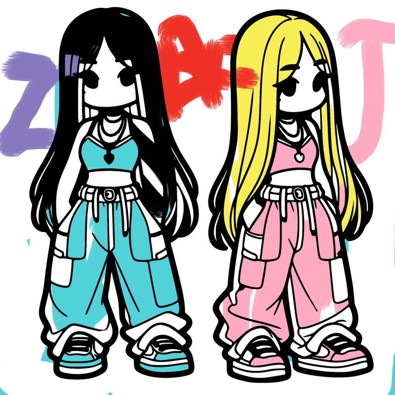 girl in baggy pants crop top and long hair