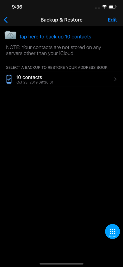 Interfaccia dell'app Contact Pro che mostra la schermata di Backup e Ripristino per la gestione dei dati dei contatti.