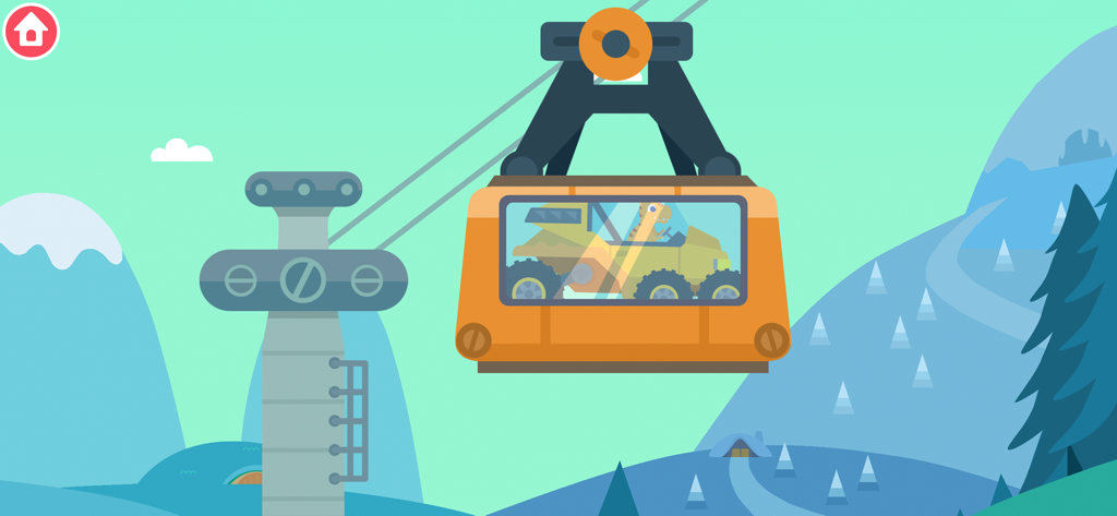 Dinosaur Ocean Explorer Games - A dinosaur character in a research vehicle inside a cable car traveling through a snowy mountain landscape.