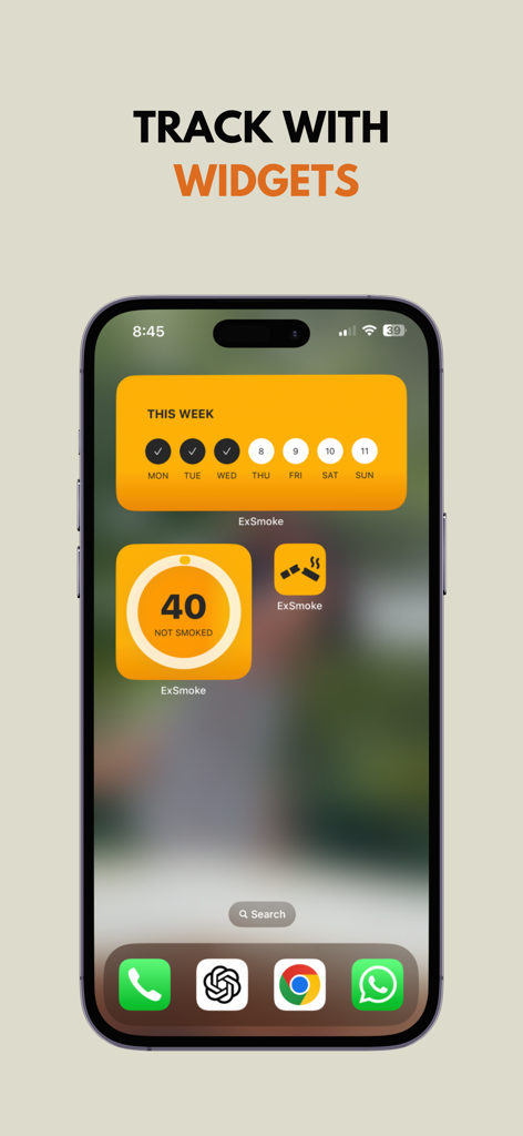 ExSmoke: Quit Smoking Tracker - iPhone home screen displaying ExSmoke widgets for tracking weekly progress and cigarettes avoided