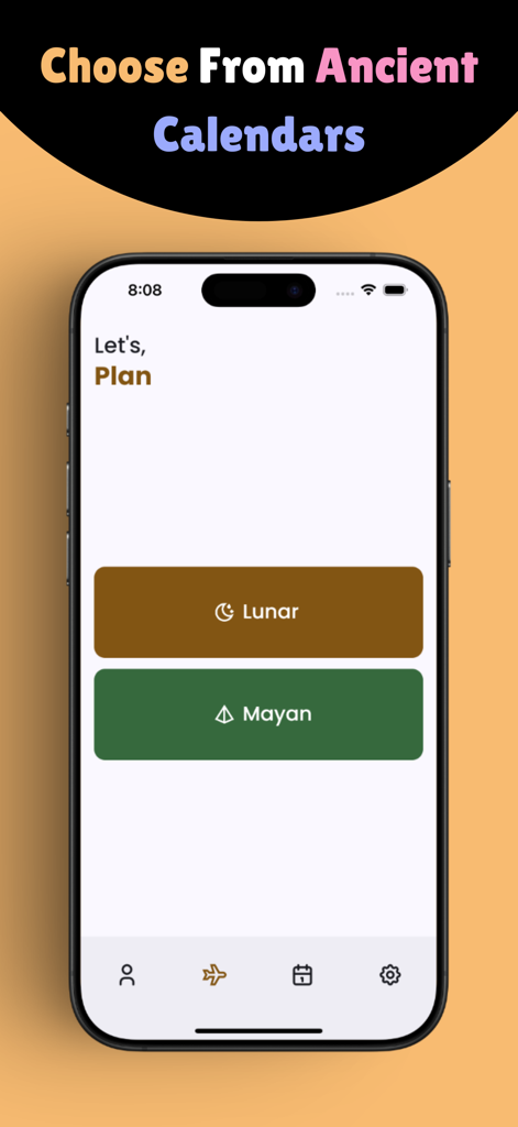 Beby: Predict and Plan - Beby app screen showing options to choose between Lunar and Mayan ancient calendars for baby planning
