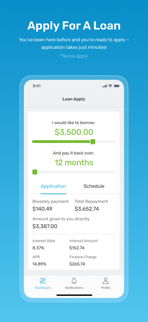 Kashable - Kashable app screen for loan application with borrow amount and repayment term sliders