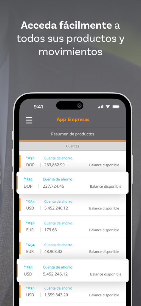 Banreservas Empresas app interface showing a summary of business savings accounts with balances in DOP, USD, and EUR.