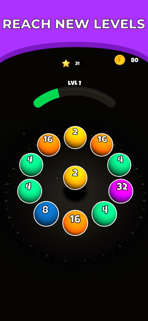 Roll Merge 3D - Number Puzzle - Roll Merge 3D gameplay screen showing numbered spheres in a circular puzzle with progress toward new levels