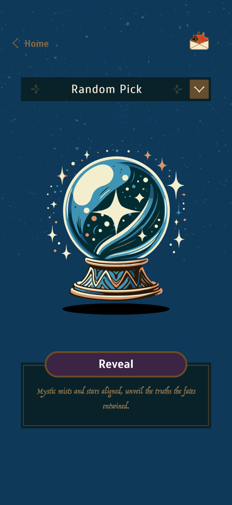 Cryptogram: Word Puzzle Master - Crystal ball illustration on a random pick screen in the Cryptogram word puzzle app.
