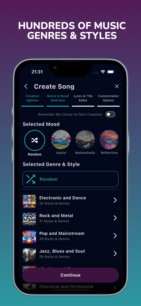 MusicTune AI app interface for choosing music genres and moods