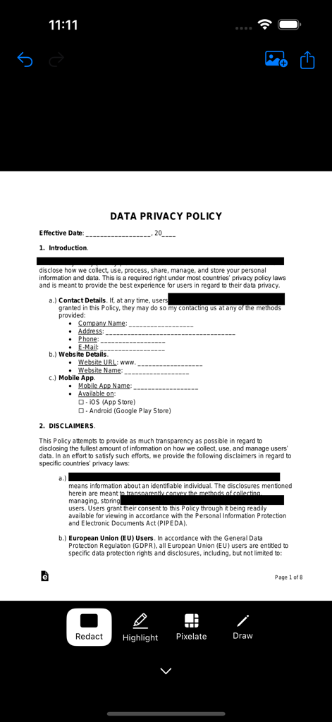 Redact app user interface showing a privacy policy document with sensitive information blacked out for security