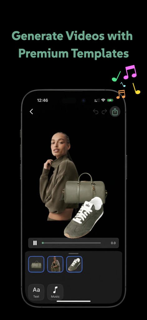 Lookbooks - Express Creativity - Mobile interface showing the creation of a fashion video with premium templates and music