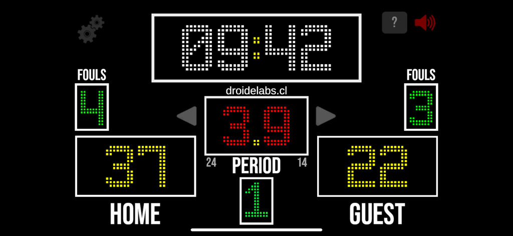 Scoreboard Basketball - DL - Digital interface of Scoreboard Basketball DL showing game clock, shot clock, scores, and fouls