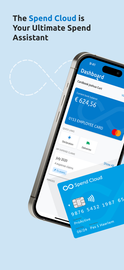 A smartphone displaying the Spend Cloud app dashboard alongside a corporate smart card.