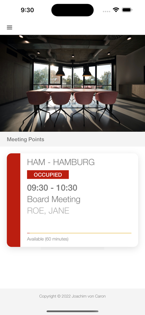 Meeting Point Digital Signage - Meeting Point iPhone app interface showing an occupied conference room for a board meeting