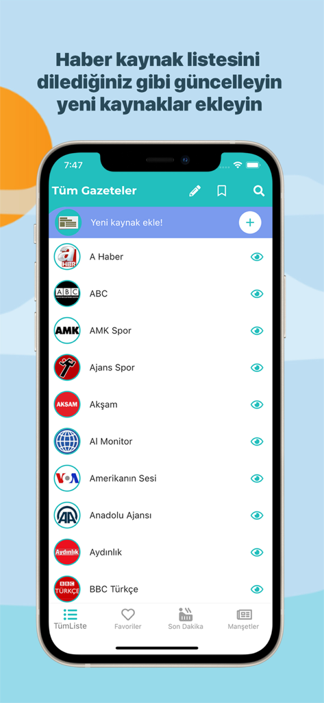 Interface of the Gazeteler TR app displaying a customizable list of Turkish news sources and newspapers