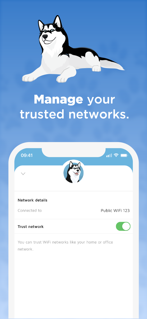 Phone Guardian app interface for managing trusted WiFi networks with Max the Husky mascot