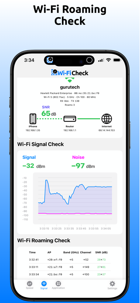 Wi-Fi Check - Speed Test - Interface showing Wi-Fi signal strength graph and roaming connection details