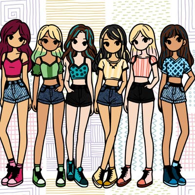 a group of girls wearing crop tops and shorts