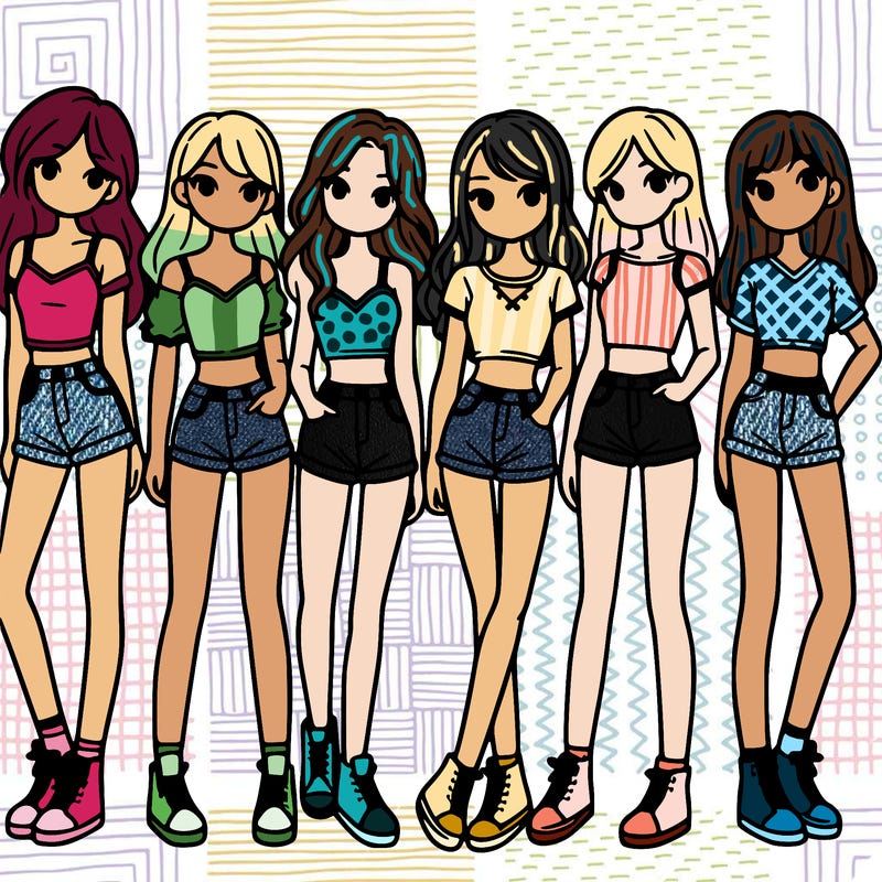 a group of girls wearing crop tops and shorts