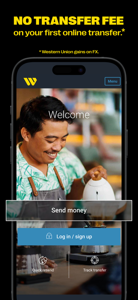Western Union mobile app home screen showing a zero dollar transfer fee offer for new users