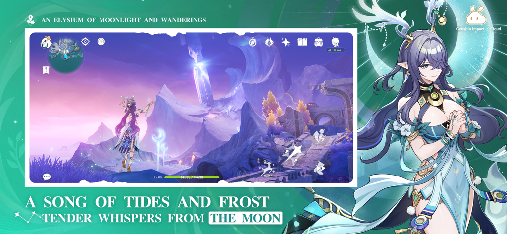 Gameplay di Genshin Impact Cloud con il personaggio Citlali in un paesaggio lunare