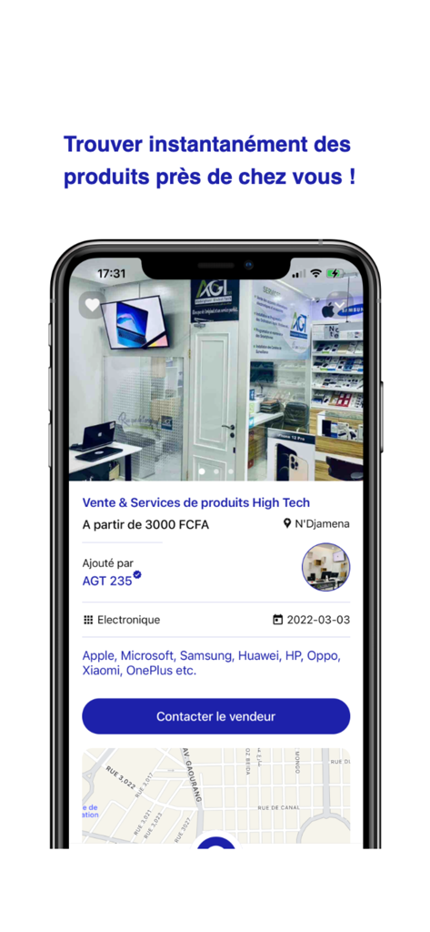 Nidora - Mobile screenshot of the Nidora app displaying a high tech product listing with local seller contact information and map.