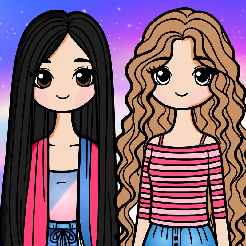 two girls with long straight hair and one with curls