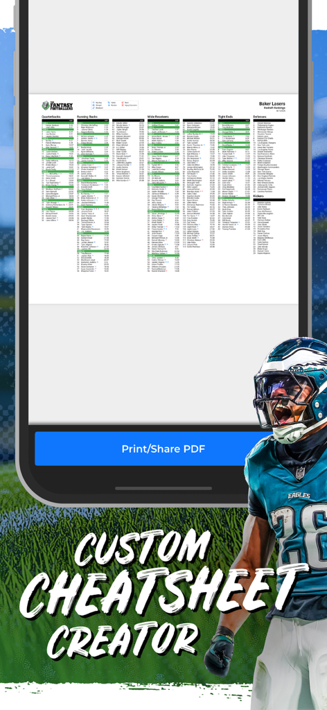 A custom fantasy football draft cheatsheet creator interface within the UDK app showing player rankings