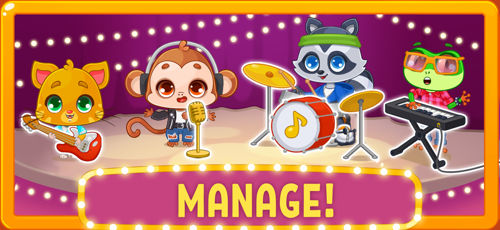 Piano games - Music for songs - Cuatro animales animados tocando instrumentos musicales en un escenario, incluido un mono cantante y un mapache baterista