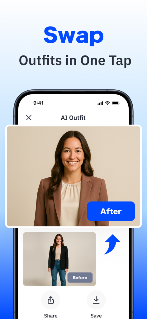 Boost Cleaner: Cleanup Storage - Smartphone screen showing AI outfit swap feature with before and after comparison of a womans professional attire