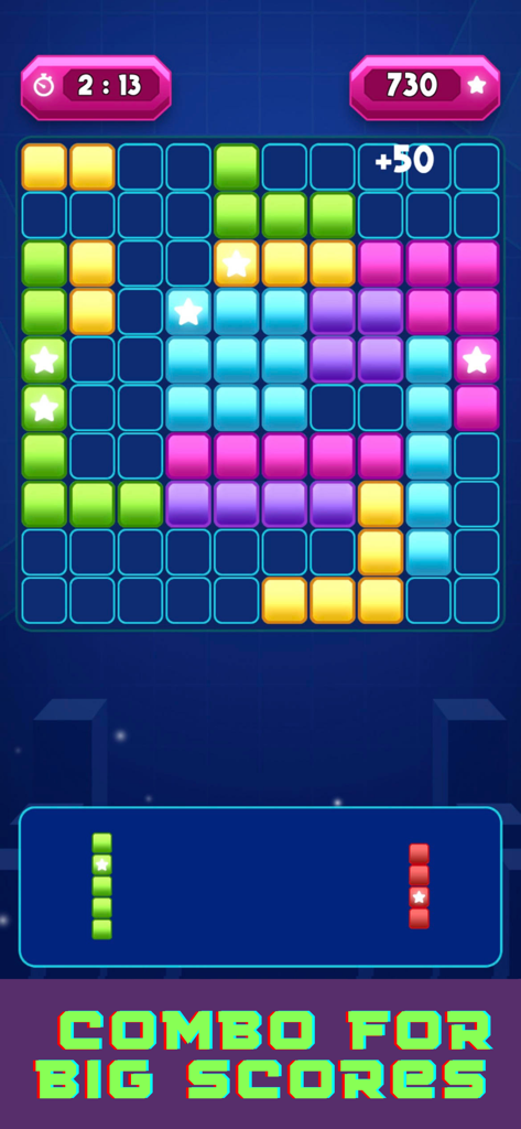 Block Puzzle Real Cash Edition - Block puzzle grid with colorful pieces and a combo for big scores message