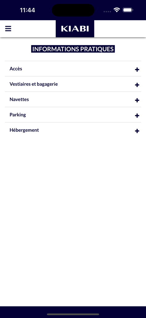 KIABI Events - KIABI Events app interface showing practical information such as access shuttles parking and accommodation categories