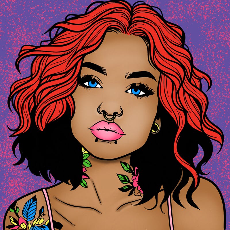 realistic woman with septum piercing and wavy hair and tattoos