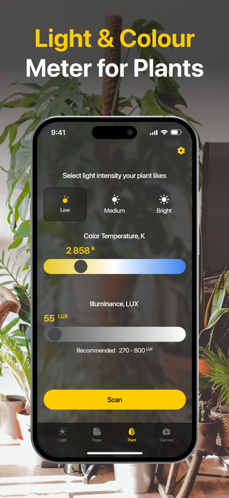 Lux Light Meter Pro app interface showing color temperature and illuminance readings for indoor plant care