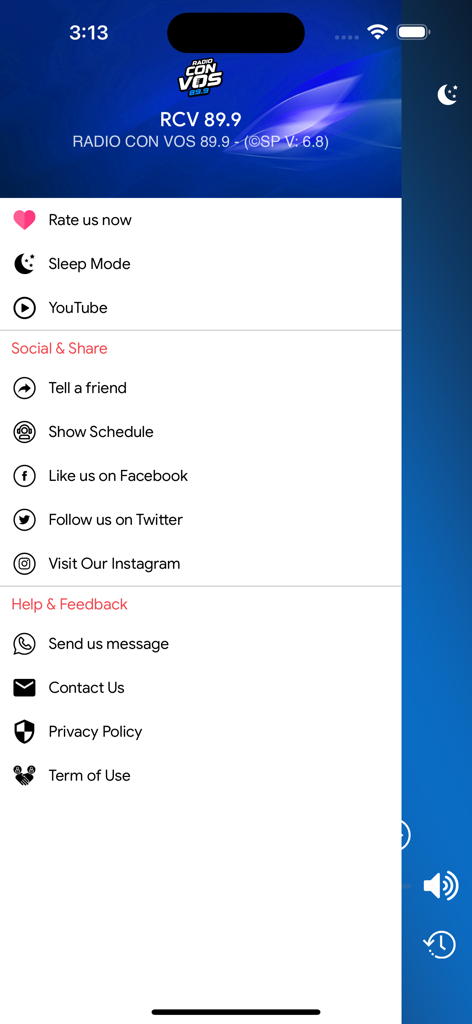 Menu de configurações e redes sociais do aplicativo móvel Radio Con Vos