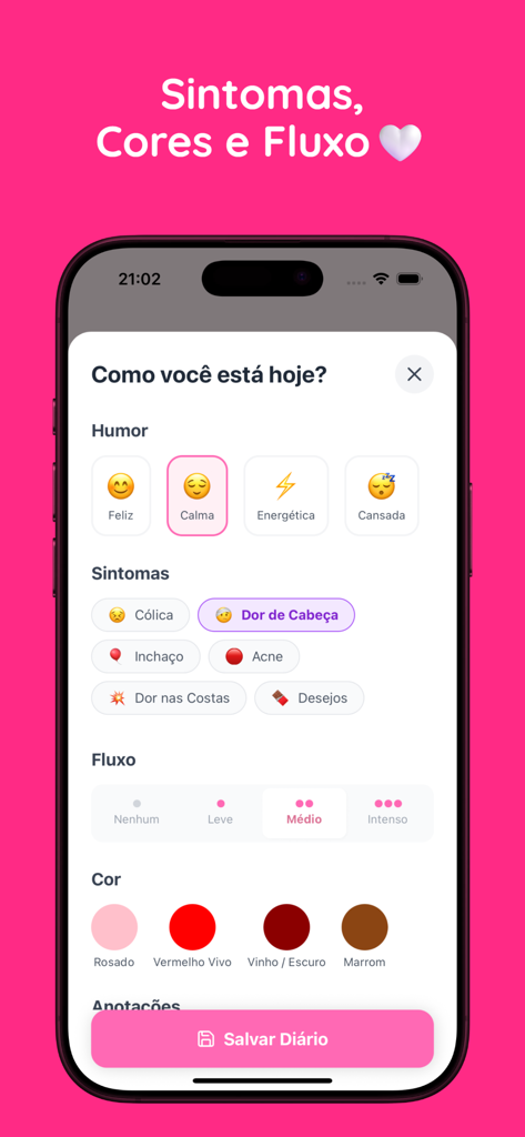 Ciclo Rosa - Interface of Ciclo Rosa app showing daily symptom mood and menstrual flow tracking with colorful icons and a pink aesthetic