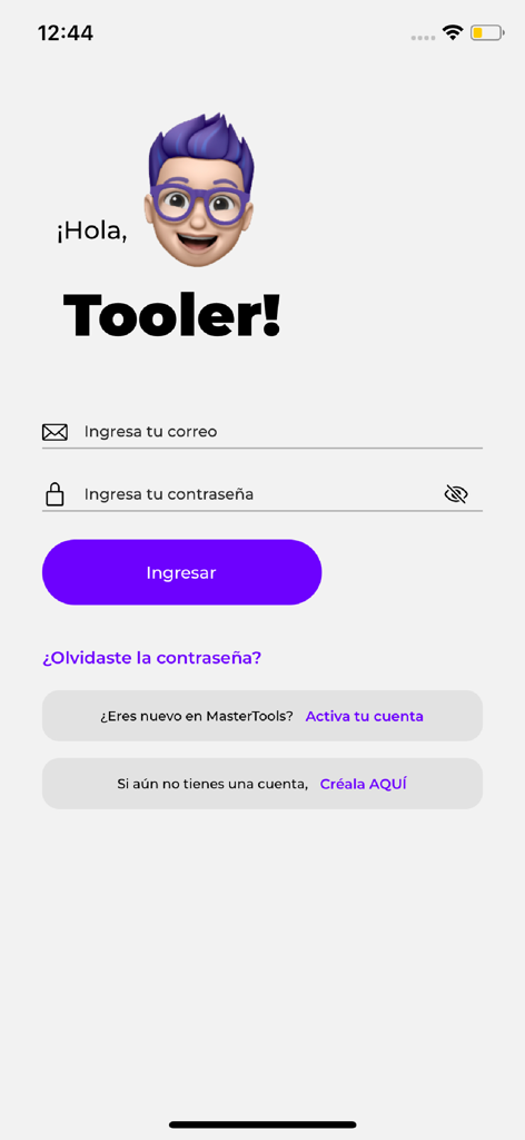 Pantalla de inicio de sesión de la aplicación MasterTools con un mensaje de bienvenida para emprendedores y campos de entrada en español para correo electrónico y contraseña.