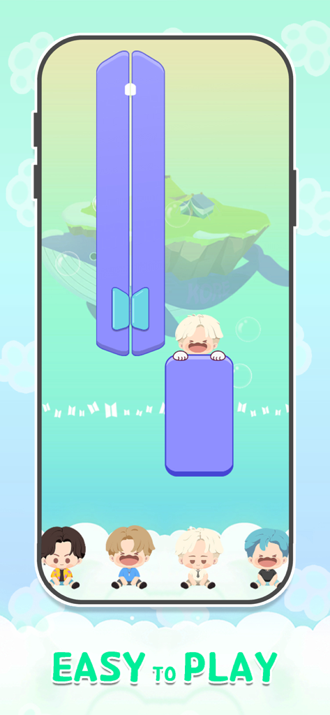 Meow Tiles: Kpop & Cats Piano! - Gameplay screen of Meow Tiles Kpop and Cats Piano with falling music tiles and cute chibi idols