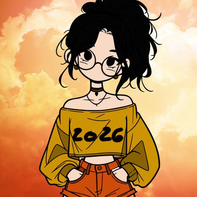 girl with a messy ponytail glasses a baggy crop top and jean shorts