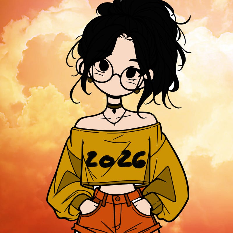 girl with a messy ponytail glasses a baggy crop top and jean shorts