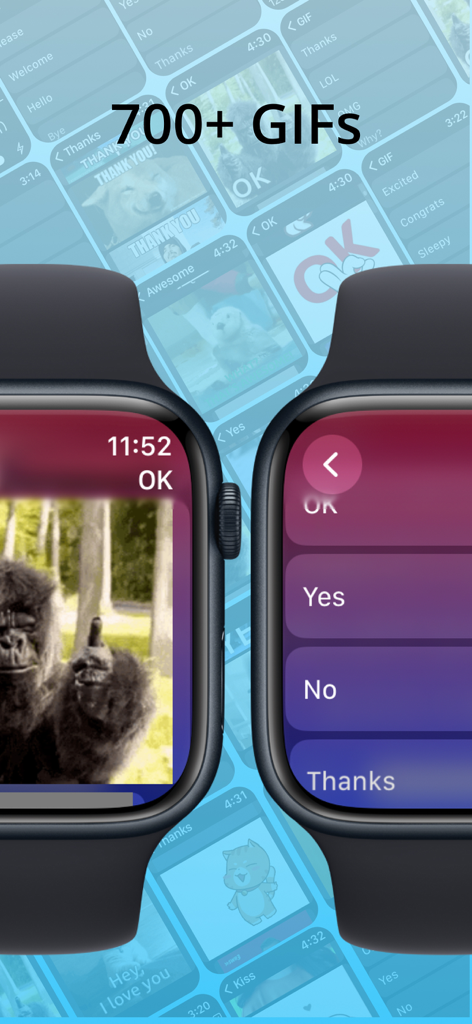 Dos Apple Watch mostrando un GIF y opciones de respuesta rápida usando la aplicación de teclado WatchType