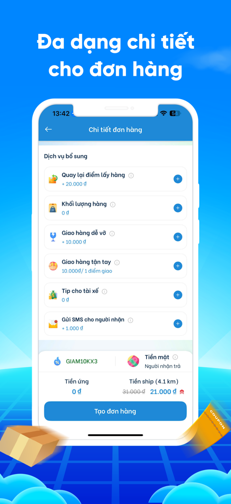 HeyU: Giao hàng thần tốc - Mobile interface of the HeyU delivery app showing order customization and additional service options
