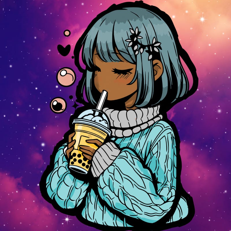 manga girl drinking boba in cozy sweater