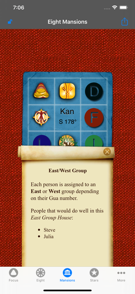 Feng Shui Life Compass - Acht Häuser Analysebildschirm in der Feng Shui Lebenskompass Mobile App, der kompatible Gruppenmitglieder anzeigt.
