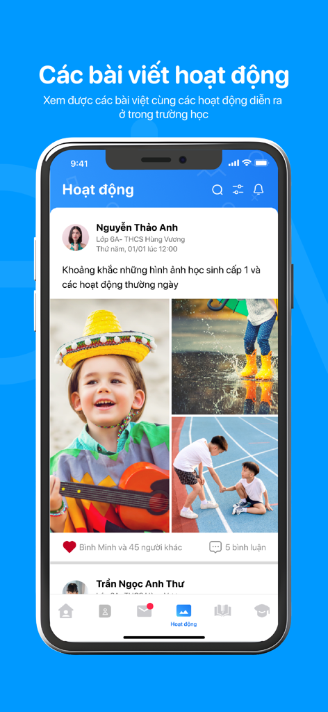 eNetViet Học sinh - Social activity feed in the eNetViet student app displaying school event photos and posts