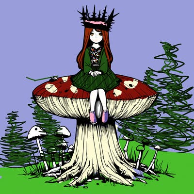 realistic girl sitting on a huge tree stump size toadstool with thorn crown